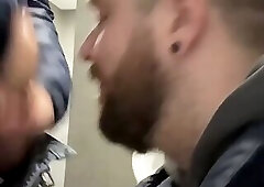 hot bear sucking daddys dick on a public toilet