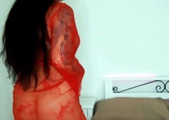 Curvy Brunette MILF Teasing Big Ass in Red Lace Bodysuit