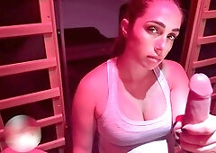 Teasing my workout buddy with a luscious hand job in the sauna