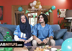 Curvy Arab MILF Mona Azar in hijab rides her stepson's massive cock then gags on it face down until her mouth floods with cum