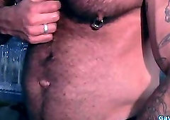 Muscle gay threesome with facial