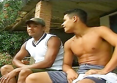Two muscular guys have wild outdoor romp with a young stud and some serious butt action