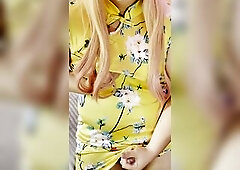 Ritha Pixie in a yellow suit showing her rod, biss booty, eating her own cum