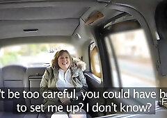 Natural breasty English big beautiful woman in white nylons wanks and sucks large rod to fake taxi driver in back seat then this chab pounds her snatc