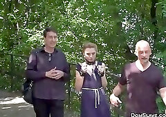 Blonde slave disgraced outdoors and group fucked in public