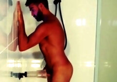 Aussie stud on the edge with transparent fleshlight, massive cumshot!