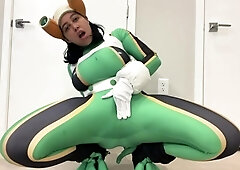 Curvaceous Latina freak in costume deepthroats a big toy