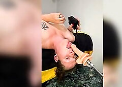 deepthroating and getting pounded by two human dildos