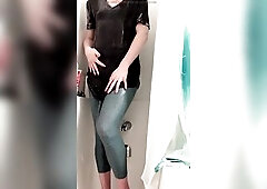 After a perspired workout, this lil angel stepping into the shower fully dressed and got nasty asf when the water drenched her leggings making 'e