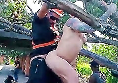 The park security guard sucked off the big-headed guy and also fucked the blond guy.