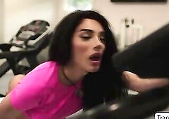 Pervert bald licks and fucks the tight ass of busty TS in gym