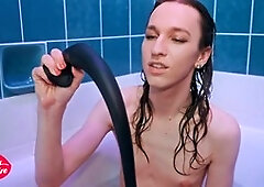 Stunning transgender babe Emily enjoys anal fingering and solo bath time