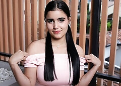 An innocent brunette Miia Carter demonstrates her big natural tits