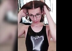 wanking and playing with my shlong during the time that im wearing a indeed taut and shiny Swimsuit likewise cumming on it at the end!