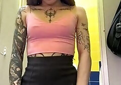 Inked Asian Hottie Flashes in Public Bathroom