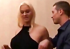 Blond ts classic in black dress gets head