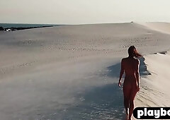 Medium breast dark haired lady posed naked outdoor