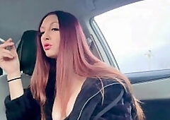 European hanging out Artemisia Love Smokin' lengthy hair in the car hawt smoker solo beauty look at me
