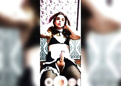 Trans maid jerks off her tiny wang and cums on her hand