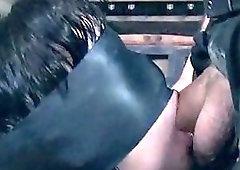 Tied up submissive bitch toyed by creepy dungeon master BDSM