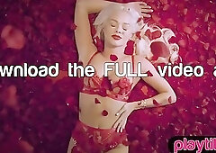 Big boobs slender blonde beauty strips naked on a bed of roses