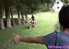 Sexy brunette shemale sucking fat cock