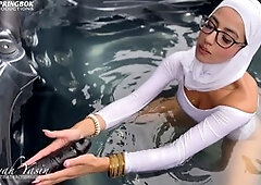 Aaliyah Yasin in a hijab gives steamy JOI with a big black dildo in the bathtub