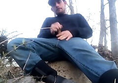 OUTDOORS: Large Wang Country Hunk Fishing and Blowing a Large Load One The River Bank