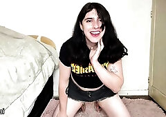 Trans Beauty Humiliates Small Jock Whilst Wanking Large Ramrod to Cum