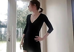 Skinny shemale lifts her skimpy dress and enjoys playful masturbation