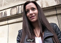 Cash-hungry brunette gives head in public restroom for cash