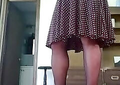 CD in Sexy Brown Dress and White Strappy Heels