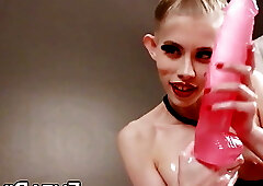 Submissive TS River Enza anally played in bondage