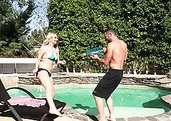 Damon undresses off large boob Natalia Starr's bikini, licking her soaked vagina and banging her hard