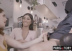 Instead of getting a haircut, handsome guy got to fuck two hot ladies in the hair studio