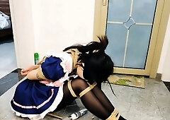 Chinese slave sucks cock and is made to cum multiple times