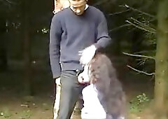 Dark haired brunette is having a quickie in the forest and screaming from pleasure while cumming