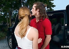 Pretty babe with a nice tattoo, Victoria Gracen likes to take a large cock, while in the car