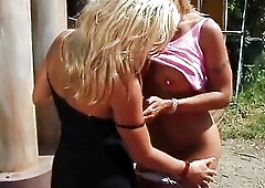 A flabby golden-haired playgirl with giant boobs contorts into acrobatic poses to devour her own moist snatch, fingering herself to an intensive clima