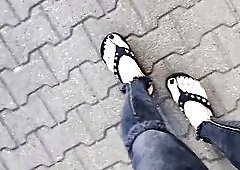 feet, platform shoes, flip flps, leggings - public crossdressing