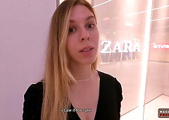 Blonde in black dress caught in a steamy bathroom tryst at the mall