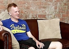 Naughty twink strips clothes during an interview and jerks off