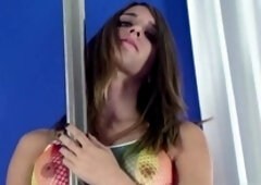 Kelly Klaymour with her massive cock and giant tits puts on a show and releases a big load