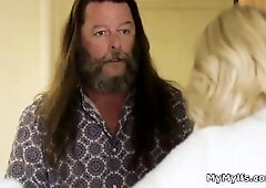 Breasty housewife blows indoors and outdoors during the time that talking to guru