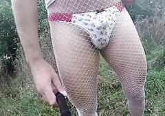 Public flashing in fishnet hose