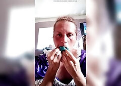 Marcy gagged herself with her satin pants and a large piece of duct tape!