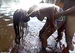 Hot skinny African village not even surprised to get fuck unexpectedly while she was bathing outdoor in the forrest