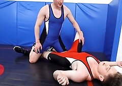 Fit college teammates Jay Tee and Eric Charming finish sweaty wrestling practice with a massive cumshot