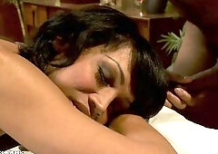 Hawt large boobs Oriental tgirl Yasmine Lee sucks large ebony schlong to masseur Lobo during the time that getting massage then this guy ties her in d