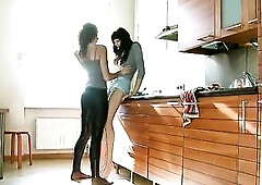 Our gorgeous, darksome-haired vixen was just washing the dishes after breakfast, minding her own business, when this babe suddenly felt a bump against
